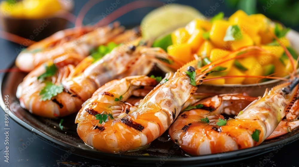 A plate of grilled shrimp with a side of mango salsa A plate of grilled shrimp with a side of mango salsa
