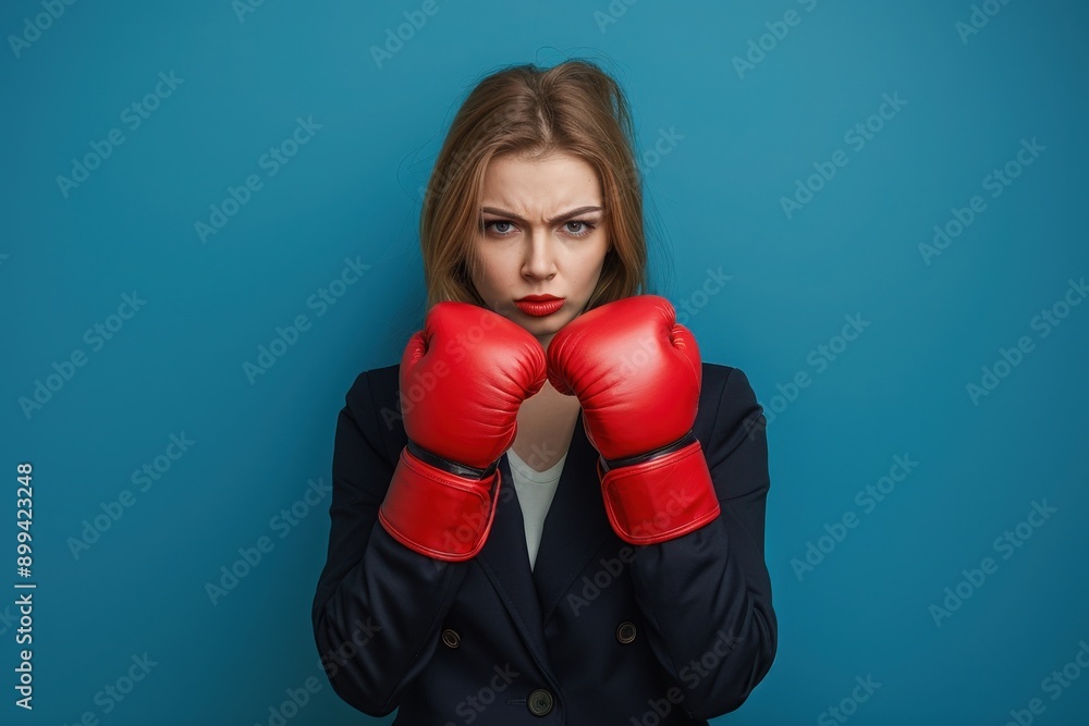 A determined executive woman dons boxing gloves, exuding strength and resilience while posing against a vibrant blue backdrop. A determined executive woman dons boxing gloves, exuding strength and resilience while posing against a vibrant blue backdrop.