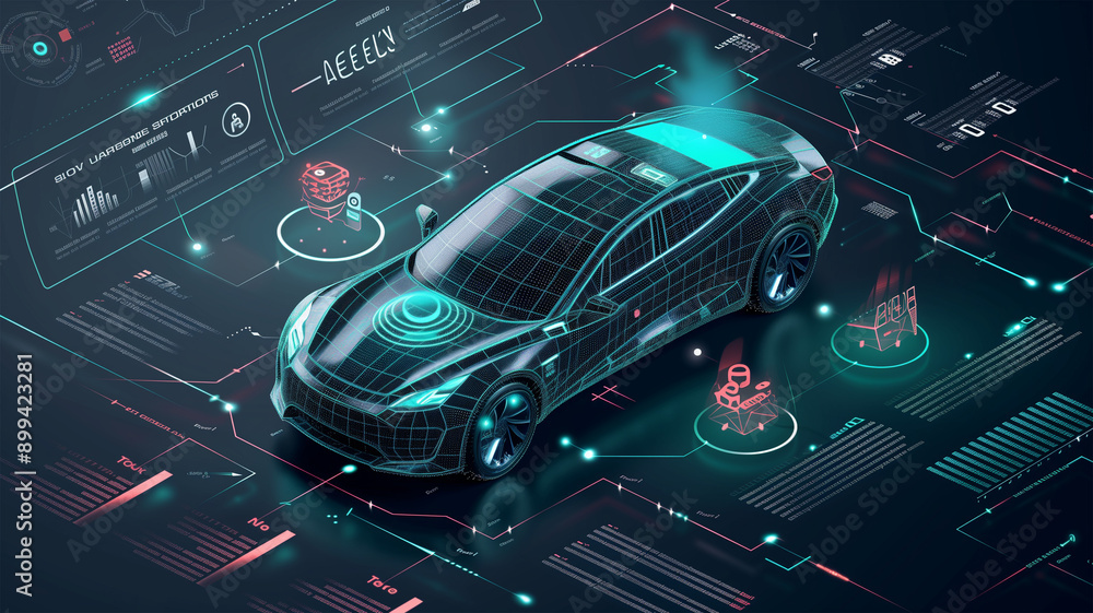完全自動車載センサーシステムとAIの未来型インフォグラフィック 完全自動車載センサーシステムとAIの未来型インフォグラフィック