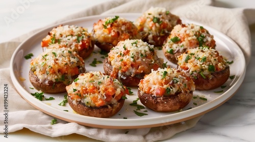 A plate of vegetable-stuffed mushrooms with a sprinkle of parmesan cheese