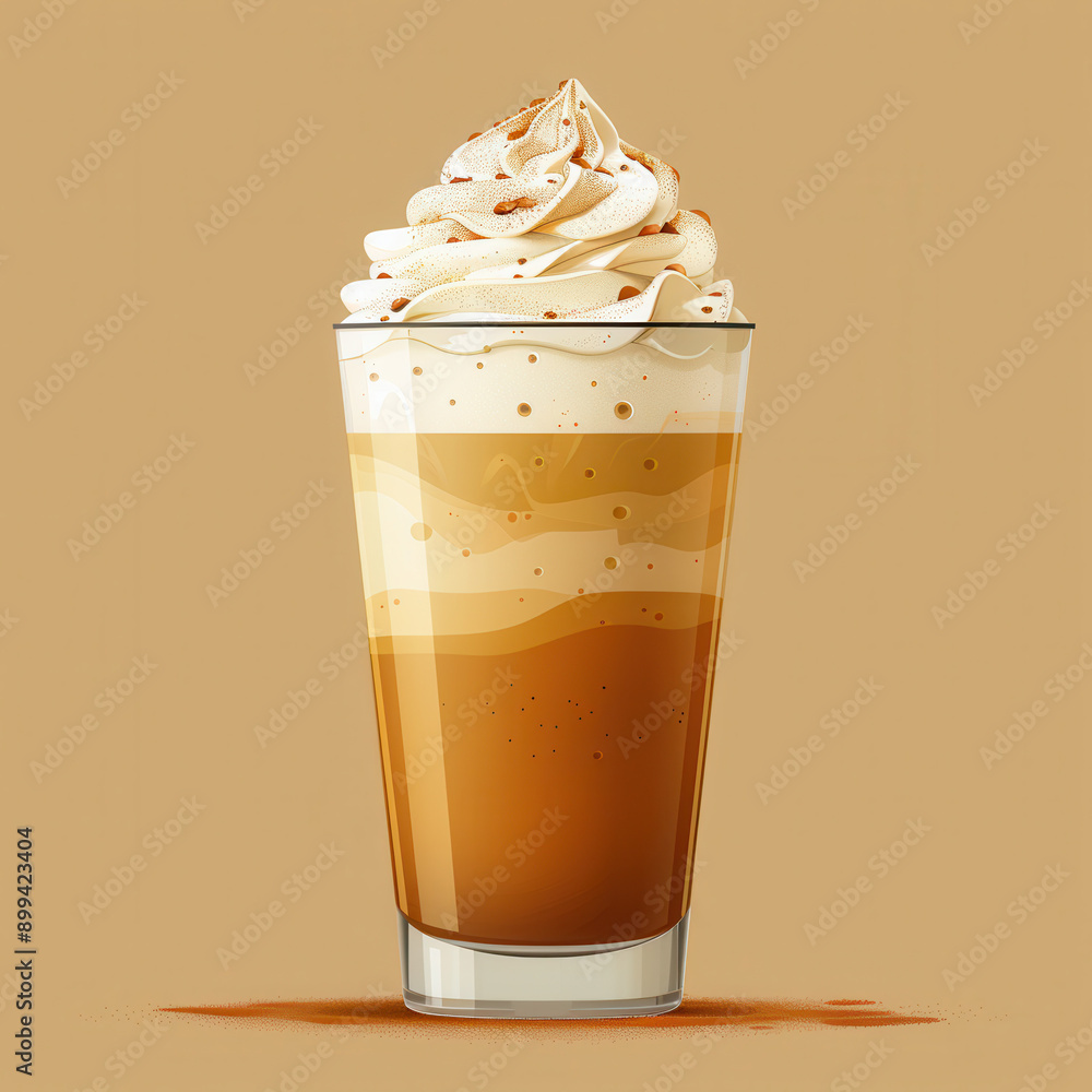 Delicious Pumpkin Spice Latte with Whipped Cream Topping in a Glass on a Warm Beige Background. T-shirt print