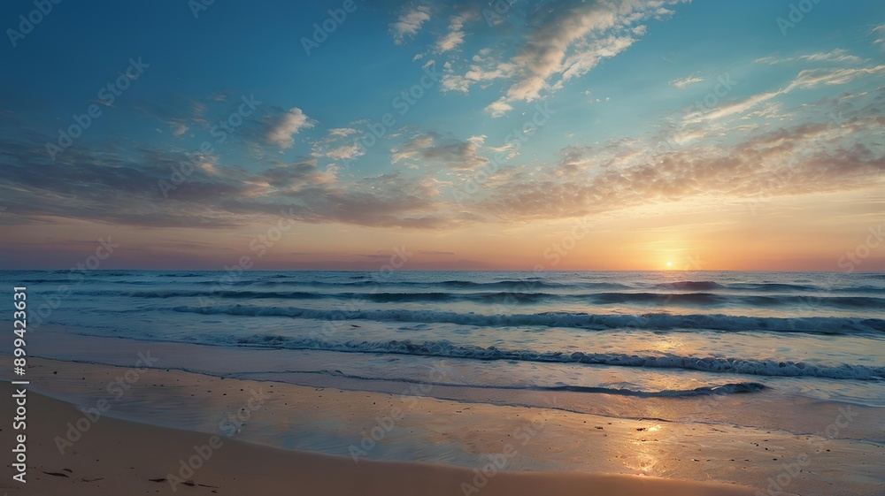 Obraz premium a sunset with a beach and waves in the background.