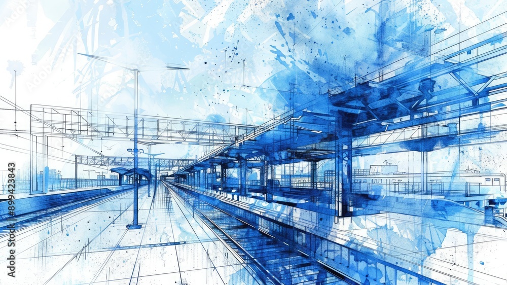 Blueprint-style railway station sketch on a white background with a blue vertical paint stroke, showcasing futuristic architecture design concepts. Blueprint-style railway station sketch on a white background with a blue vertical paint stroke, showcasing futuristic architecture design concepts.