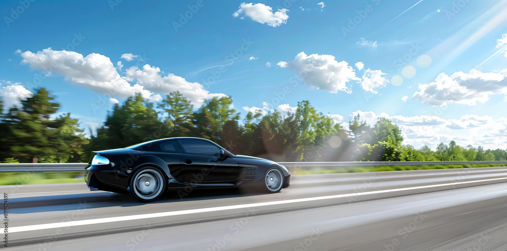 Black sports car driving on a highway. Black sports car driving on a highway.