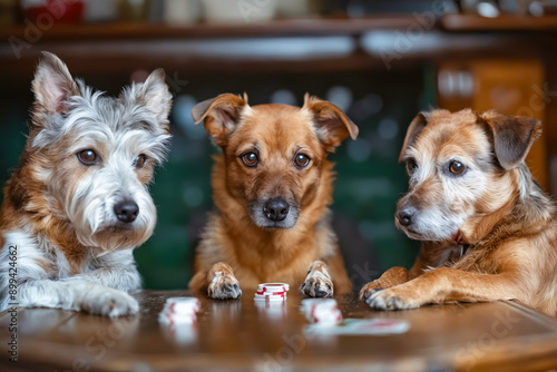 Three dogs sitting at a table playing poker photo