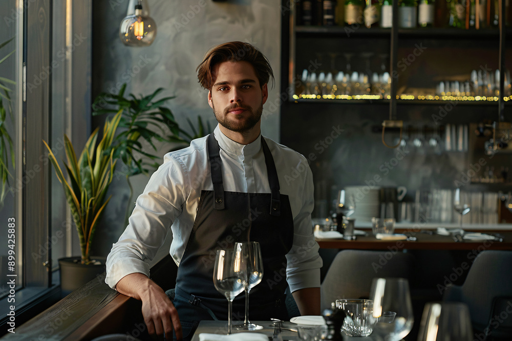 handsome waiter in apron sitting near served table with copy space handsome waiter in apron sitting near served table with copy space