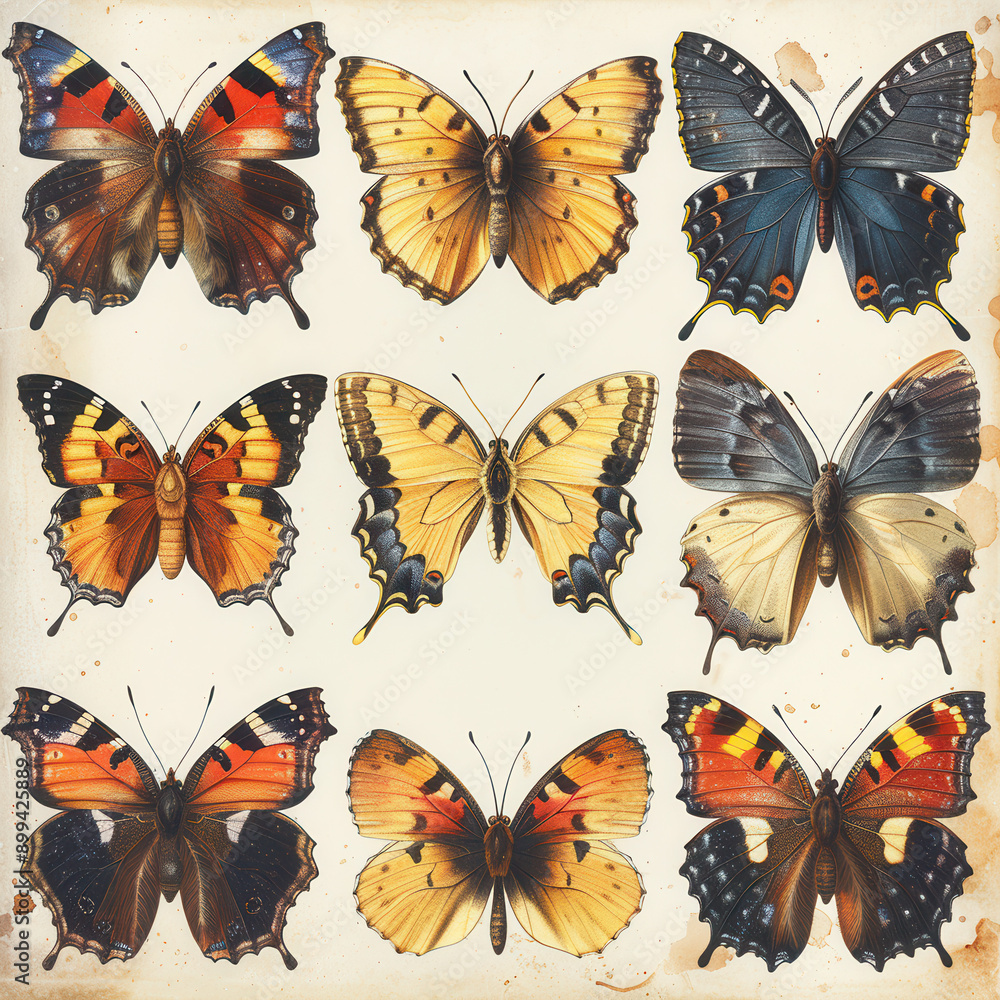 Collection of butterflies of various species and colors on a light background, highlighting their diversity and beauty Collection of butterflies of various species and colors on a light background, highlighting their diversity and beauty