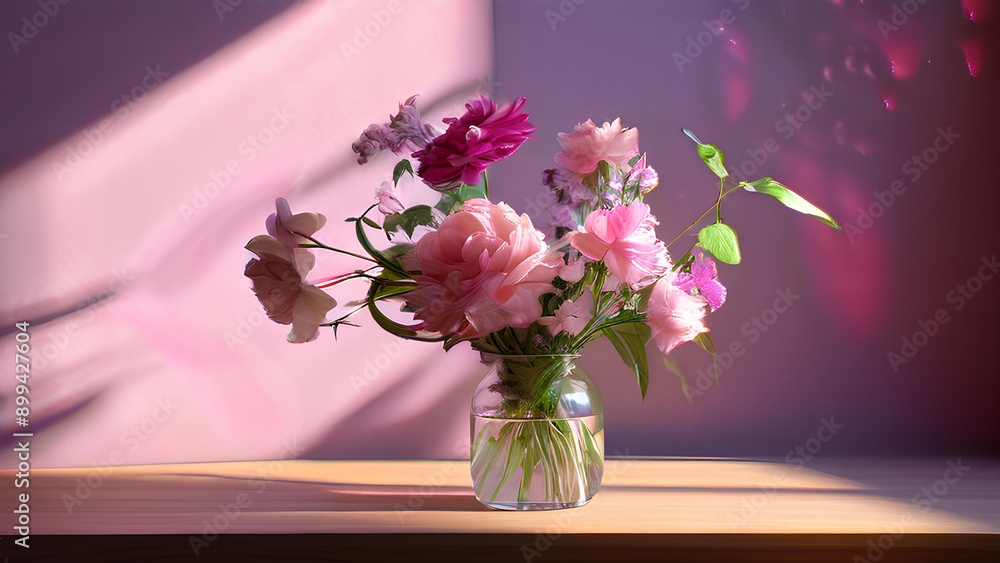Vase with flowers on the table and pink wall behind it. Copy Space, Pink Background Banner, Pink Background Copy Space Vase with flowers on the table and pink wall behind it. Copy Space, Pink Background Banner, Pink Background Copy Space