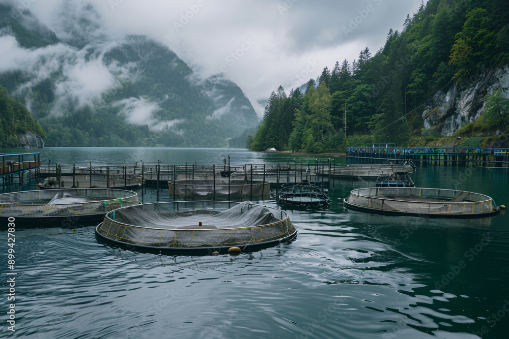 Fototapeta premium Lake with salmon farm near mountains