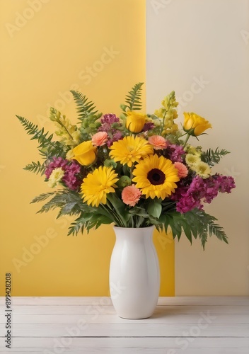 Wallpaper Mural A vase with flowers on the table and a yellow wall behind it. Copy Space, Yellow Background Banner, Yellow Background Copy Space Torontodigital.ca