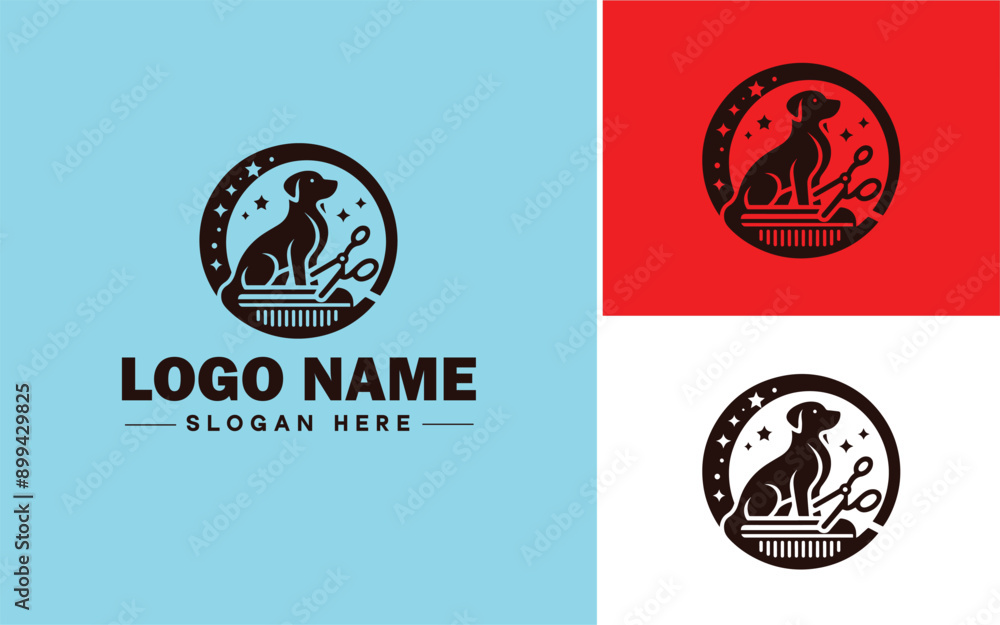 Naklejka premium Dog grooming icon Canine care Pet grooming Dog styling flat logo sign symbol editable vector