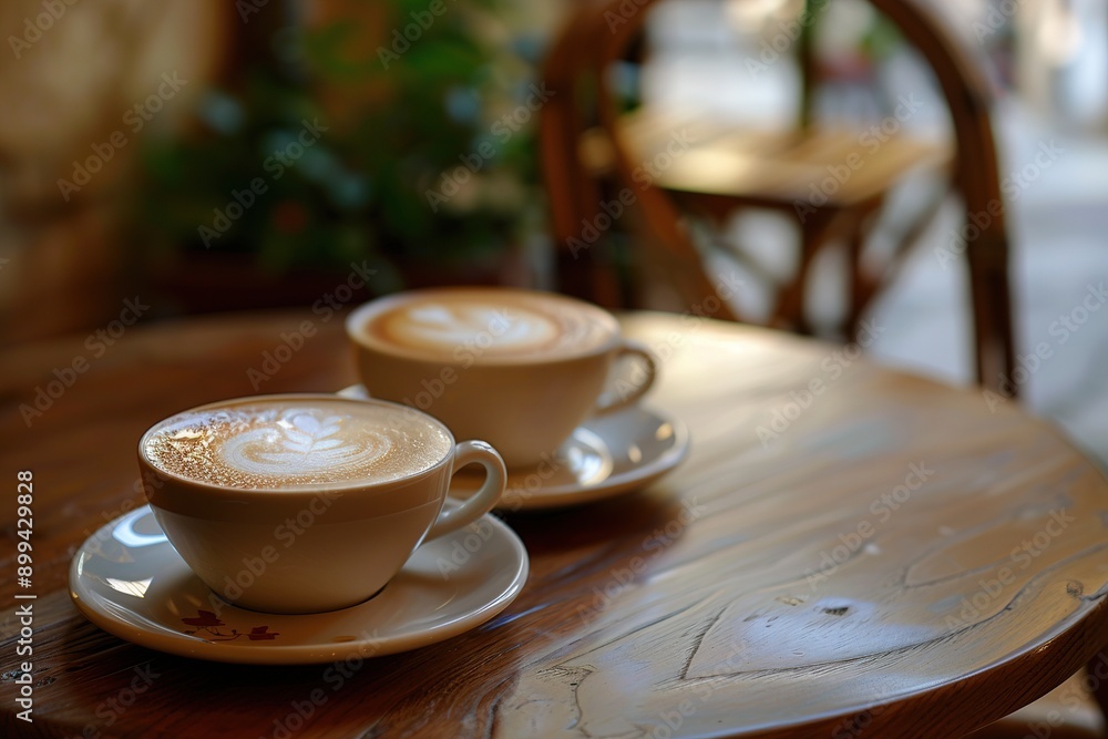 Latte art concept. Two cups of cappuccino on a wooden table. Latte art concept. Two cups of cappuccino on a wooden table.