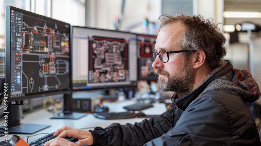 Engineer focused on computer screens displaying complex circuit board designs in a modern office environment. Engineer focused on computer screens displaying complex circuit board designs in a modern office environment.