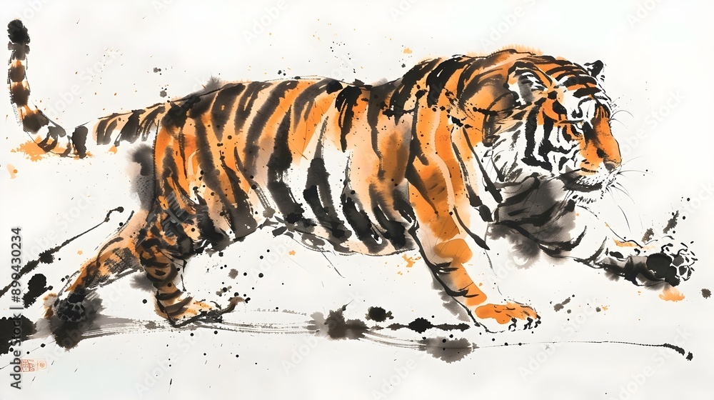 Obraz premium Tiger painted in watercolor, showing a vivid and dynamic stance with splashes of orange and black. The tiger appears to be in motion, captured in a blend of abstract and realistic styles, emphasizing 