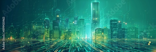 Futuristic Cityscape: Translucent Line Graphics Blend with Vibrant Street Scenery, Showcasing Smart City Concept in Business Hub, Graphic design, Wallpapers, Brochure, Websites, banner, Advertising,  photo