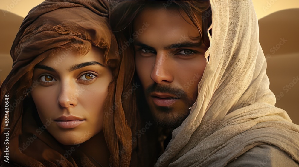 Photograph of a charismatic sultan and a breathtaking beauty, their faces veiled by flowing desert scarves, their eyes sparkling with unspoken emotions, captured in a timeless desert portrait. Photograph of a charismatic sultan and a breathtaking beauty, their faces veiled by flowing desert scarves, their eyes sparkling with unspoken emotions, captured in a timeless desert portrait.