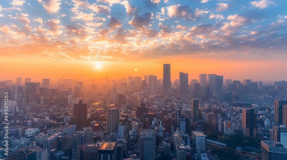 Fototapeta premium Expansive Panoramic View of Bustling City Under Cloudy Skies