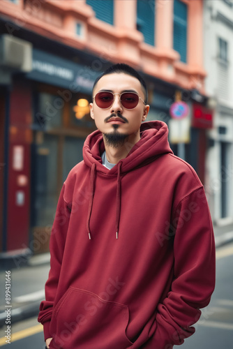 A man in a red hoodie standing on the street © valentyn640