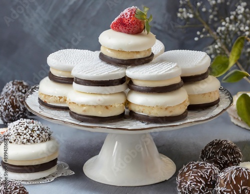 Warm and inviting bakery in Argentina with alfajores displayed alongside other treats and coffee on the side, traditional sweet in argentina alfajores photo