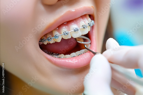 A woman getting her teeth checked by a dentist photo