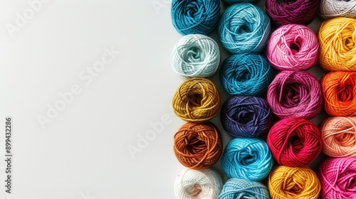 A vibrant array of yarn rolls in assorted colors is displayed on a white surface, providing ample space for creative text placement. Generative AI