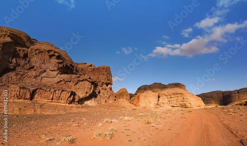 Red orange sandstone rocks formations in Wadi Rum desert, vehicle tire prints in sand road near