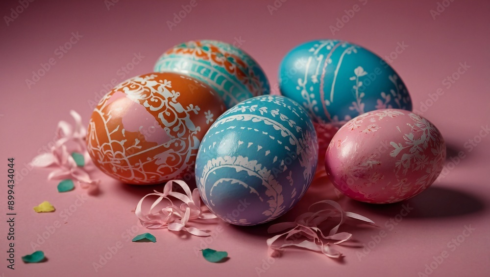 Obraz premium generative AI Happy Easter holiday! Colorful hand-painted Easter eggs in a decorative nest on pink background. 