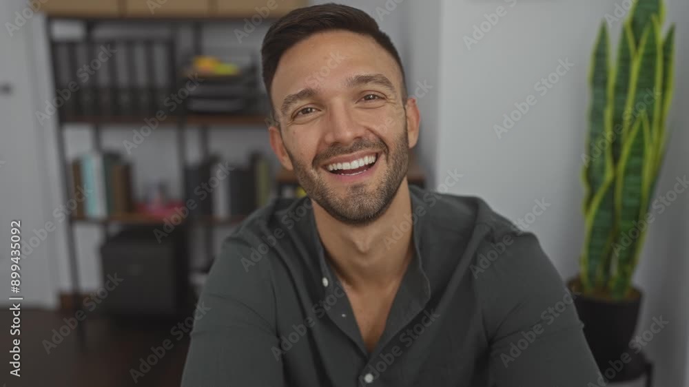 Handsome young hispanic man with a beard smiling in an indoor office setting with shelves and a plant in the background. Handsome young hispanic man with a beard smiling in an indoor office setting with shelves and a plant in the background.