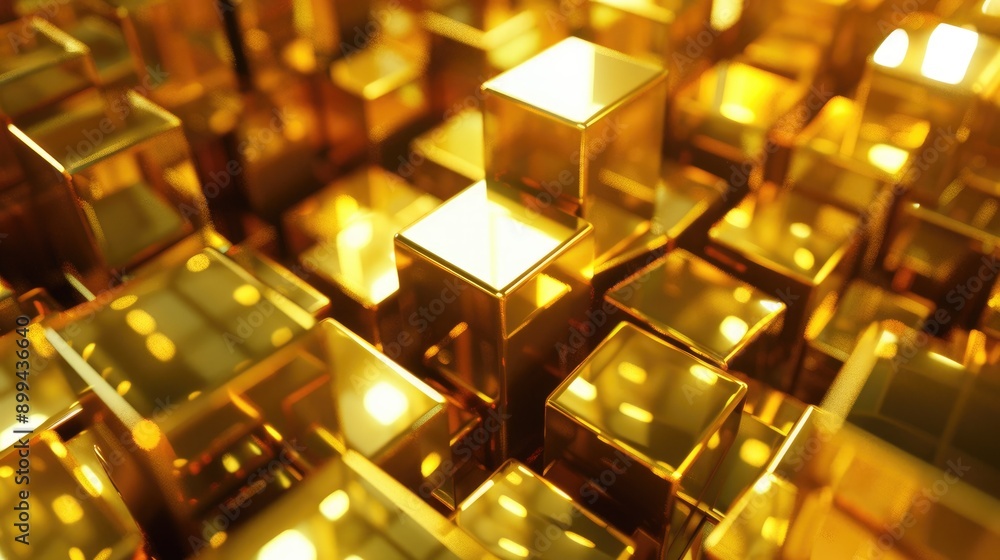 Abstract 3D golden cubes forming a mesmerizing pattern with a reflective, high-end finish Abstract 3D golden cubes forming a mesmerizing pattern with a reflective, high-end finish