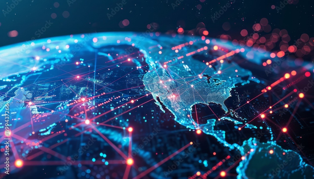 Obraz premium Digital Network Connections on a Blue Earth Globe With North America Highlighted