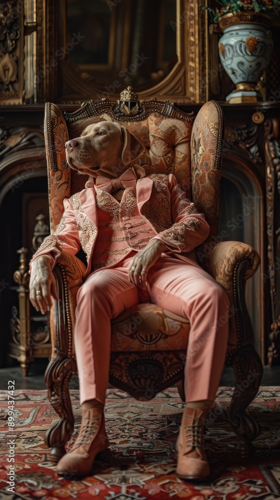 A dog dressed in an elegant pink suit, lounging in an ornate antique chair in a luxurious room, exuding sophistication and charm. A dog dressed in an elegant pink suit, lounging in an ornate antique chair in a luxurious room, exuding sophistication and charm.