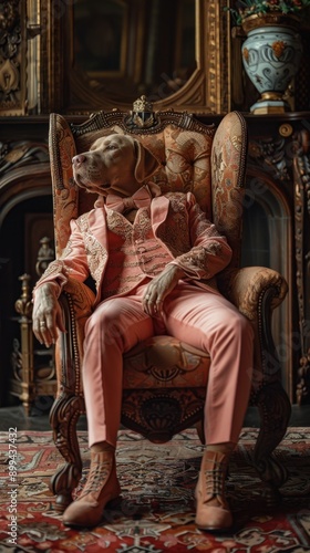 A dog dressed in an elegant pink suit, lounging in an ornate antique chair in a luxurious room, exuding sophistication and charm.