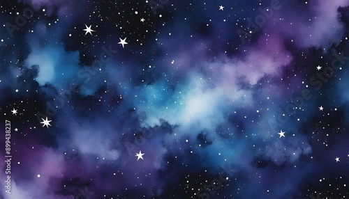 An abstract galaxy watercolor texture with deep purples, blues, and blacks, speckled with white stars, creating a cosmic, otherworldly effect. Multiple variations available © Backgrounds Textures