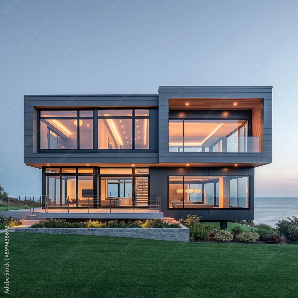 A stunning modern luxury house with large glass windows, beautifully illuminated at dusk, showcasing contemporary architectural design. A stunning modern luxury house with large glass windows, beautifully illuminated at dusk, showcasing contemporary architectural design.