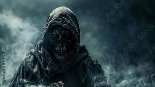 A hooded figure with a skeletal face and hollow eyes, glaring menacingly. photo