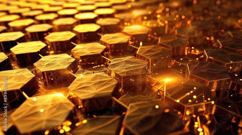 Stunning 3D golden honeycomb with radiant reflections and an abstract design Stunning 3D golden honeycomb with radiant reflections and an abstract design