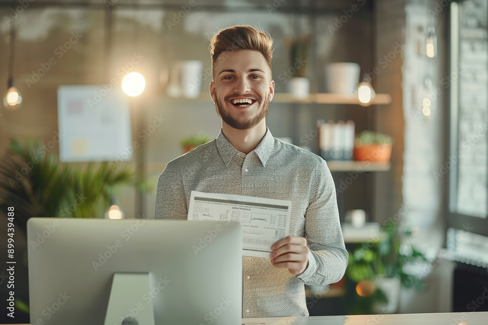 Smiling man holding document in bright modern office Smiling man holding document in bright modern office