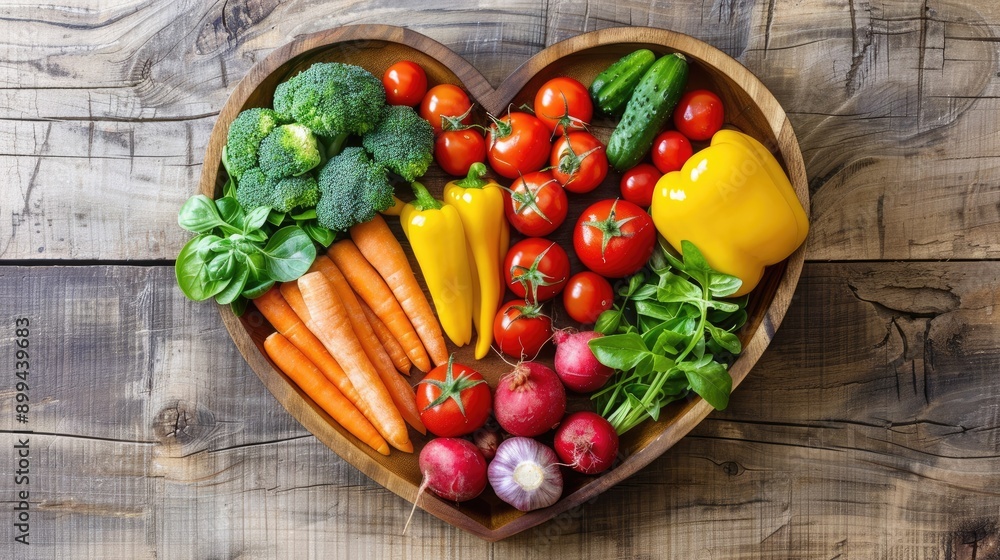 Top view of a heart-shaped dish brimming with fresh vegetables, arranged by a nutritionist Top view of a heart-shaped dish brimming with fresh vegetables, arranged by a nutritionist