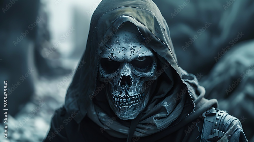 A hooded figure with a skeletal face and hollow eyes, glaring menacingly. A hooded figure with a skeletal face and hollow eyes, glaring menacingly.