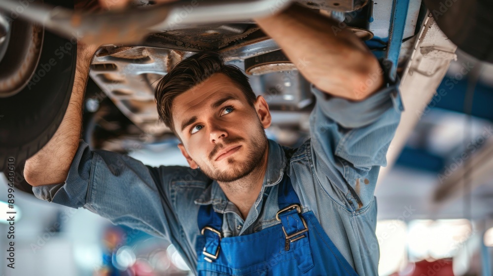 Mechanic Working on a Vehicle in a Car Service. Professional Repairman is Wearing Gloves and Using a Ratchet Underneath the Car. Modern Clean Workshop. car service, repair, maintenance, and people con Mechanic Working on a Vehicle in a Car Service. Professional Repairman is Wearing Gloves and Using a Ratchet Underneath the Car. Modern Clean Workshop. car service, repair, maintenance, and people con