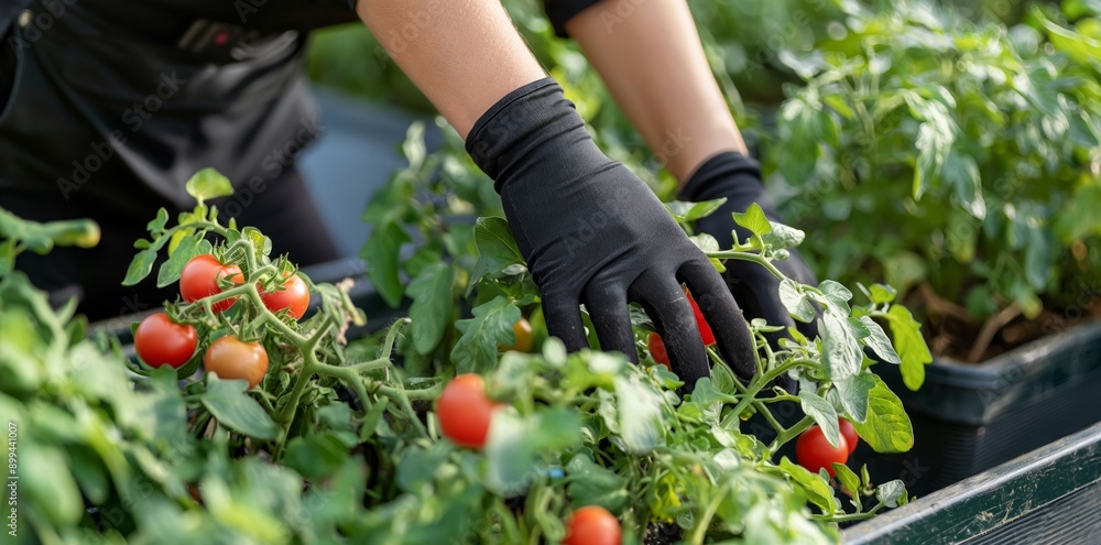 Fototapeta premium A person wearing gloves harvesting ripe tomatoes from plants on a sunny balcony garden.