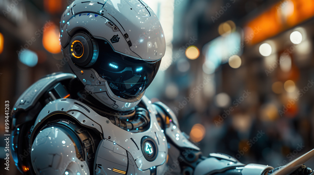 Fototapeta premium Futuristic Humanoid Robot with Glowing Blue Eyes in a Vibrant Cityscape, Showcasing Advanced AI Technology and Cyberpunk Aesthetic in a Bustling Urban Environment