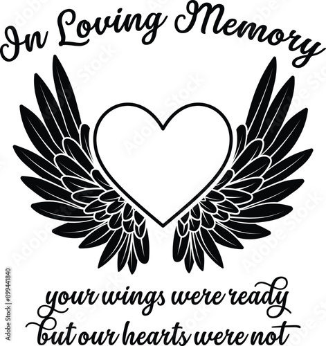 In Loving Memory vector design with heart and angel wings memorial quote, Rest in Peace vector clip art