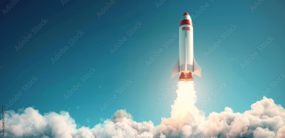 A rocket launching through white clouds against a bright blue sky A rocket launching through white clouds against a bright blue sky
