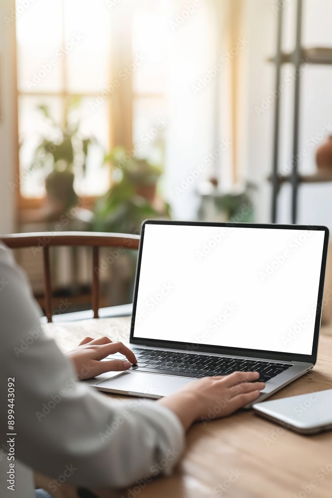 A young woman working on her laptop at home, sitting at a wooden table in a cozy living space. A young woman working on her laptop at home, sitting at a wooden table in a cozy living space.