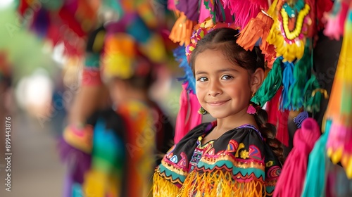 A Mexican child in traditional dress, holding a vibrant piata.