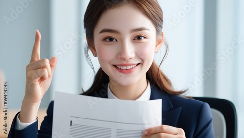 Pretty young lady on a corporate attire reading a good news on a piece of paper and signaling number one or pointing up to glorify God