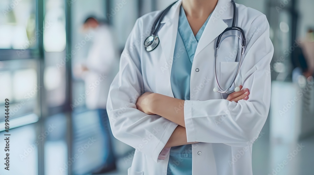 Confident Doctor Standing with Arms Crossed in Hospital Confident Doctor Standing with Arms Crossed in Hospital