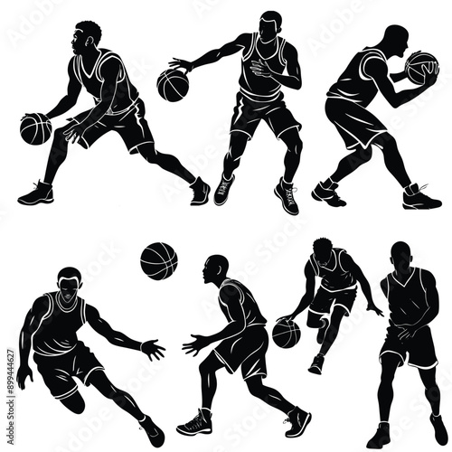 A series of silhouettes of basketball players