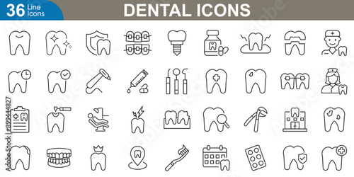 Dental icons set. Dental care, tooth, dentist, toothpaste, cavity, molar, toothbrush, orthodontics and more. simple line vector illustration.